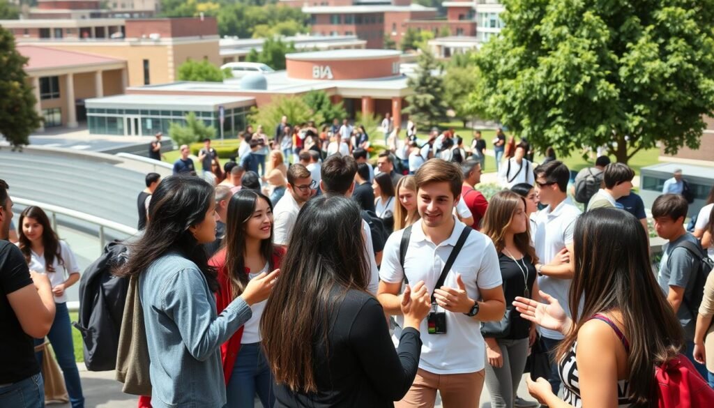 A bustling campus scene with students engaged in dynamic conversations, building connections and expanding their professional network. In the foreground, a group of young adults are shaking hands, exchanging contact information, and discussing potential collaboration opportunities. The middle ground features students mingling, gesturing animatedly as they forge new relationships. In the background, a diverse array of campus buildings, lecture halls, and gathering spaces set the stage for this vibrant social interaction. The lighting is natural, conveying a sense of energy and optimism, as the students confidently navigate the process of cultivating a broad and meaningful network.
