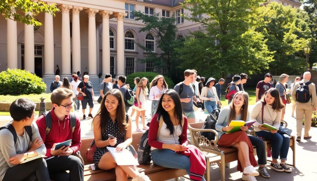 A bustling scene of international students gathered in a sunny campus courtyard, engaged in lively discussions and cultural exchanges. In the foreground, a group of young men and women from diverse backgrounds sit on benches, animatedly sharing stories and laughing together. In the middle ground, others stroll by, carrying books and backpacks, pausing to greet friends. The background features a stately academic building with columns and arched windows, framed by lush greenery. Warm, natural lighting bathes the scene, creating a sense of camaraderie and intellectual vitality. The overall atmosphere conveys the enriching, cross-cultural experience of a student exchange program.