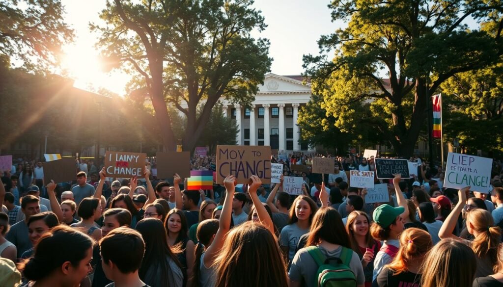 A bustling university campus, its buildings framed by towering trees. In the foreground, a group of passionate students gather, their faces alight with determination as they raise signs and chant slogans, advocating for change. The scene is illuminated by the warm glow of the afternoon sun, casting long shadows that create a sense of movement and energy. The middle ground is filled with a crowd of onlookers, some joining the protest, others observing with curiosity. In the background, the campus administration building stands as a symbol of the institutional power the students seek to challenge. The atmosphere is one of vibrant activism, where the voices of the youth echo through the halls of academia, demanding to be heard.