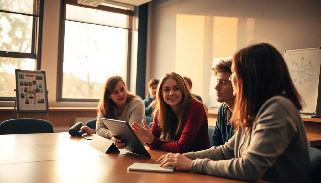 A classroom setting with a group of university students gathered around a table, engaged in a lively discussion. The scene is bathed in warm, natural lighting from large windows, creating a contemplative atmosphere. In the foreground, a student presents a project proposal on a tablet, gesturing animatedly. The other students lean in, their expressions a mix of curiosity and thoughtful consideration. In the background, a whiteboard displays a mind map of project ideas and potential challenges. The overall mood conveys the collaborative spirit and intellectual stimulation of project-based learning.