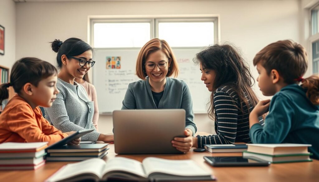 A classroom setting with blended learning challenges depicted. In the foreground, a teacher and students gathered around a laptop, their expressions reflecting a mix of excitement and uncertainty. The middle ground shows a whiteboard with a digital lesson plan, surrounded by textbooks and tablets. In the background, a large window casts natural light, illuminating the scene. The atmosphere is one of exploration and adaptation, as the classroom navigates the transition to a hybrid learning environment. Soft, warm tones create a sense of contemplation, while the clean, modern design elements suggest the integration of technology. Technical details: 50mm focal length, soft directional lighting, shallow depth of field.