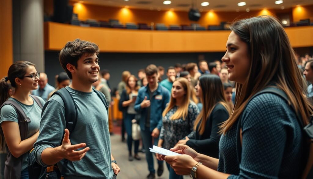 A college campus abuzz with student activity, capturing the essence of leadership and communication. In the foreground, a confident student speaks animatedly, gesturing with purpose as their peers listen intently. The middle ground showcases a diverse group engaged in a lively discussion, their body language and facial expressions reflecting the dynamic exchange of ideas. In the background, a well-lit auditorium sets the stage, hinting at the opportunities for public speaking and presentations that foster crucial communication skills. Warm lighting and a sense of energy pervade the scene, evoking the transformative power of campus organizations in shaping the leadership and communication abilities of students.