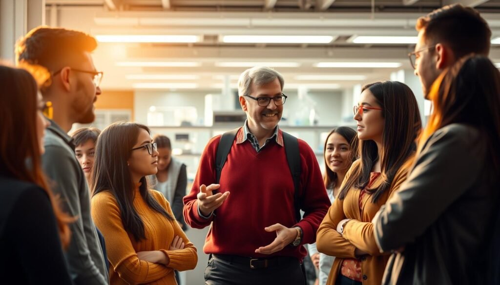 A college campus setting, bathed in warm, natural lighting. In the foreground, a group of diverse students engaged in lively discussions, their faces alight with intellectual curiosity. In the middle ground, a professor gestures animatedly, guiding the students through a presentation. The background showcases a modern, well-equipped laboratory, hinting at the cutting-edge research and hands-on learning opportunities available. The scene exudes a sense of collaboration, discovery, and the symbiotic relationship between academic and professional development.