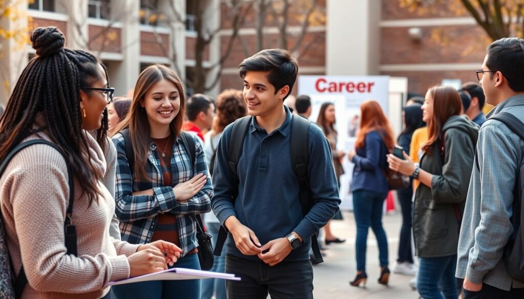 A college campus setting with a group of diverse students engaged in various soft skill activities. In the foreground, students are collaborating on a project, communicating effectively and demonstrating problem-solving skills. In the middle ground, students are presenting their ideas to peers, showcasing their public speaking and leadership abilities. In the background, a career fair is taking place, highlighting the importance of these soft skills in the professional world. The scene is illuminated by natural lighting, creating a warm and inviting atmosphere that emphasizes the value of developing soft skills for student success.