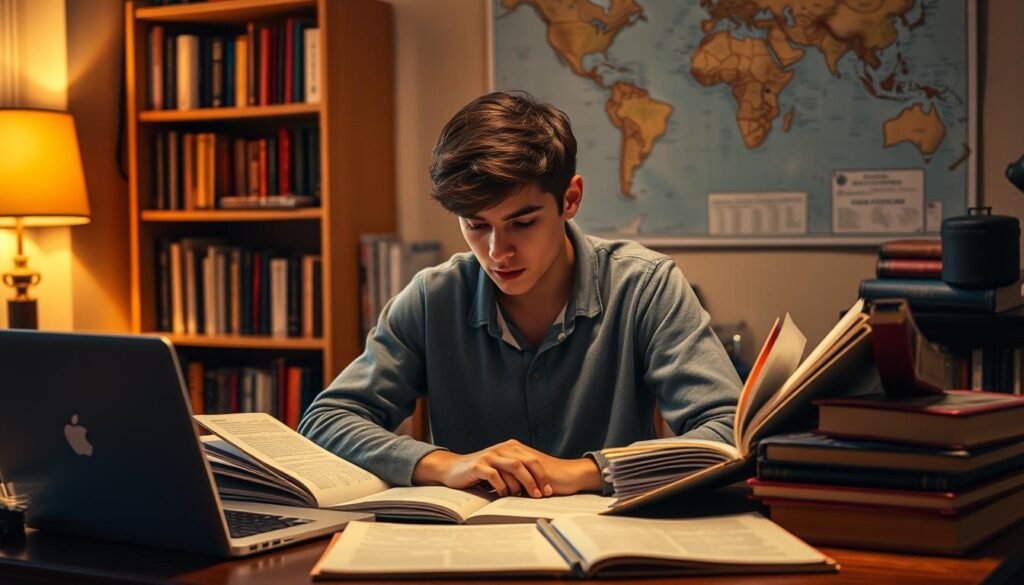 A college student deeply focused, seated at a desk surrounded by open textbooks, laptop, and research materials. The scene is bathed in warm, focused lighting, conveying a sense of academic dedication and inquiry. In the background, a bookshelf filled with academic volumes and a wall map providing a sense of context. The overall mood is one of thoughtful contemplation and intellectual rigor, capturing the essence of thorough research into academic majors and career paths.