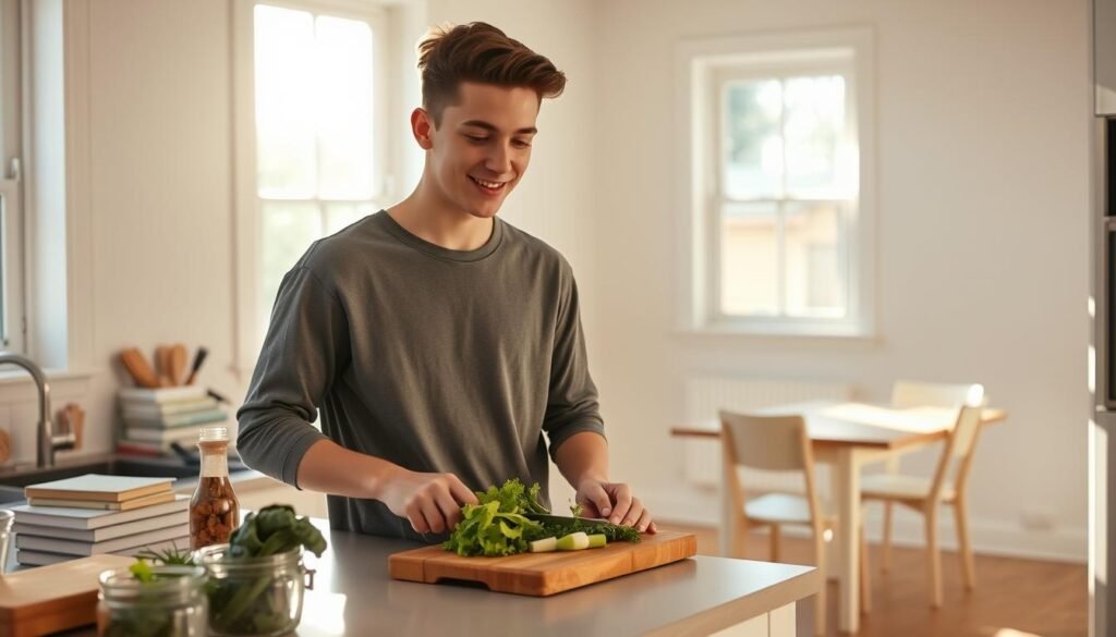 A college student standing in a bright, airy kitchen, chopping fresh vegetables on a wooden cutting board. Sunlight streams in through large windows, casting a warm glow on the scene. The kitchen counter is neatly organized with cooking utensils, spices, and a stack of recipe books. In the background, a simple, minimalist dining table with two chairs, creating a cozy, homey atmosphere. The student's expression is focused and determined, reflecting the satisfaction of preparing a healthy, cost-effective meal. The overall impression is one of self-reliance, efficiency, and a mindful approach to managing personal finances during the college years.