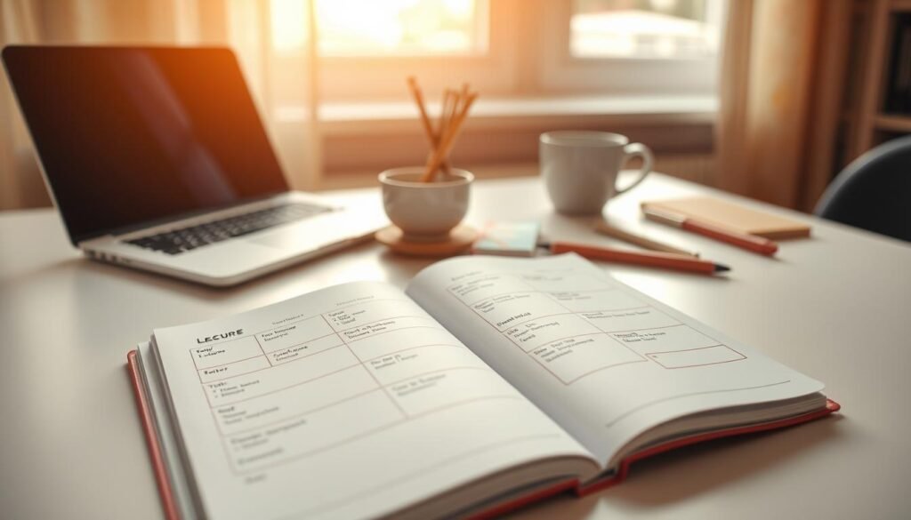 A college student's daily schedule, meticulously organized on a clean, minimalist desk. In the foreground, a neat planner lays open, showcasing hour-by-hour blocks of activities - lectures, study sessions, extracurriculars, and personal time. The middle ground features a laptop, a cup of coffee, and a few essential stationery items, all arranged with a sense of intentionality. The background is softly blurred, creating a focused, serene atmosphere conducive to productivity. Warm, natural lighting from a nearby window casts a gentle glow, reinforcing the idea of a well-structured, realistic daily routine for an active university student.
