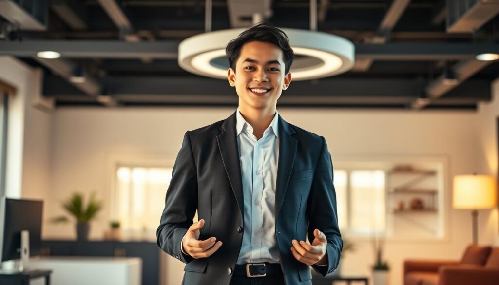 A confident, well-dressed young professional standing in a modern, well-lit office setting, exuding a sense of poise and self-assurance. Warm, directional lighting illuminates their face, highlighting their unwavering gaze and subtle, reassuring smile. The background features sleek, minimalist furnishings and decor, creating a polished, professional atmosphere. The subject's body language is open and engaged, conveying a strong presence and a positive, can-do attitude - the perfect embodiment of "kepercayaan diri dalam wawancara".