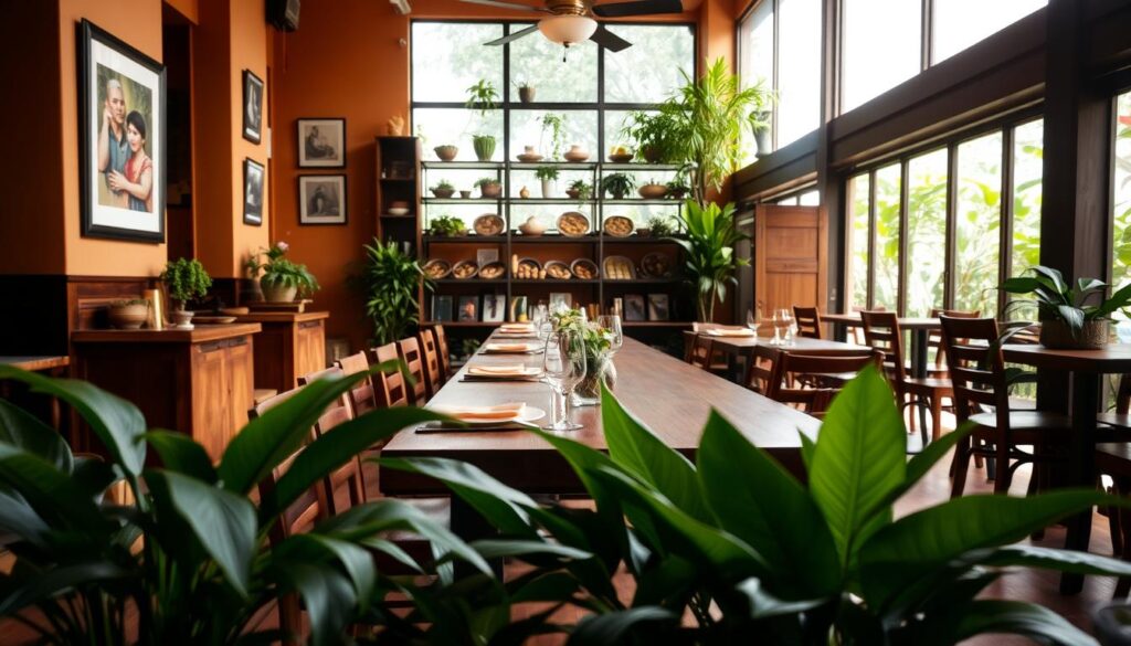 A cozy and inviting interior of a traditional Depot Vegetarian restaurant in Surabaya, Indonesia. The foreground features a long wooden dining table with simple yet elegant place settings, surrounded by lush, verdant potted plants. The middle ground showcases the warm, earthy-toned walls adorned with framed artwork and shelves displaying an array of healthy, homemade vegetarian dishes. The background reveals large windows that flood the space with natural sunlight, creating a bright and airy atmosphere. The overall scene conveys a sense of tranquility, wellness, and a celebration of wholesome, plant-based cuisine.