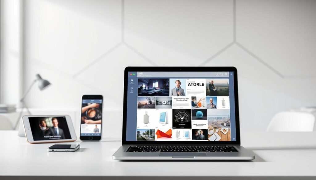 A digital platform portfolio showcasing a sleek, minimalist design with clean lines and a modern aesthetic. The foreground features a laptop or tablet displaying a visually engaging collection of projects, designs, and creative works. The middle ground includes various digital devices such as smartphones and tablets, seamlessly integrated to represent the multi-platform nature of the portfolio. The background subtly suggests a professional office or workspace, with hints of geometric shapes, soft lighting, and a sense of technological advancement. The overall composition conveys a sense of sophistication, versatility, and the power of digital tools in building a comprehensive, visually striking student portfolio.