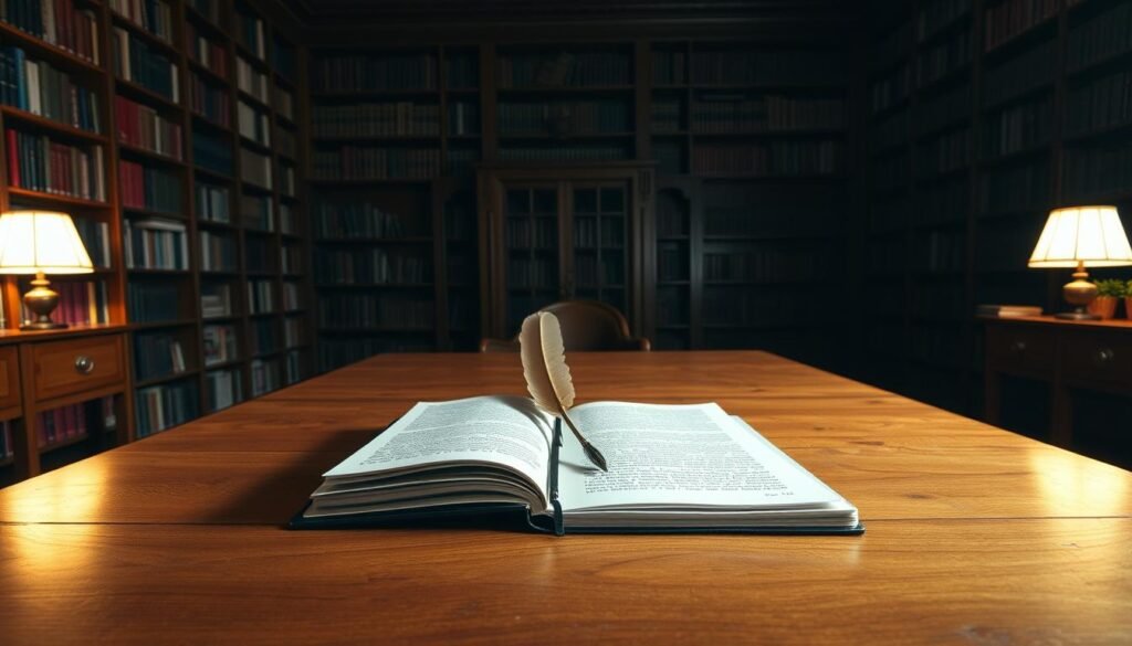 A dimly lit academic study, bookshelves lining the walls, a large wooden desk in the center. On the desk, an open notebook with handwritten notes, a quill pen, and a stack of papers titled "Aturan Penulisan Skripsi." The scene conveys a sense of focus, discipline, and the careful attention to detail required for academic writing. Soft, warm lighting creates a contemplative atmosphere, while the clutter-free desk suggests an organized, methodical approach to the task at hand. The overall impression is one of scholarly rigor and adherence to established academic standards.