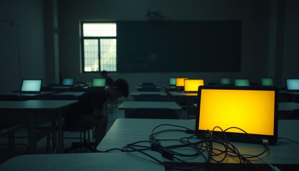 A dimly lit classroom, desks and chairs arranged haphazardly, signifying the disruption of traditional learning spaces. In the foreground, a lone student hunches over a laptop, their face illuminated by the screen's glow, a metaphor for the isolation of remote education. The middle ground features a tangle of wires and cables, symbolic of the technological challenges of maintaining connectivity. In the background, a hazy, out-of-focus window suggests the physical separation from the familiar school environment. The overall mood is one of uncertainty and unease, capturing the "tantangan pembelajaran jarak jauh" or the challenges of distance learning.