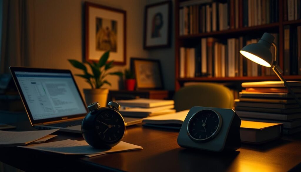 A dimly lit home office, a desk with a laptop, stacks of books, and a timer device in the foreground. The Pomodoro technique is illustrated through a tactile, analog timer sitting prominently on the desk, surrounded by scattered notes and office supplies. Warm lighting from a desk lamp creates a focused, productive atmosphere. The middle ground features a potted plant and framed artwork on the wall, suggesting a balanced, thoughtful work environment. In the background, a bookshelf filled with references and resources implies a scholarly, academic setting. The overall scene conveys a sense of structure, concentration, and intentional time management.