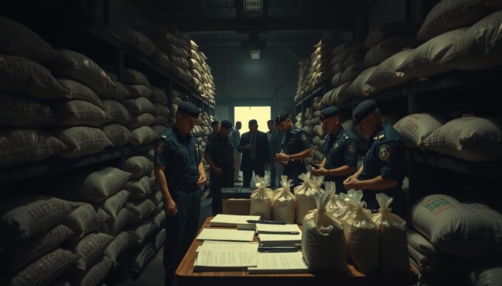 A dimly lit industrial warehouse, with shelves stacked high with sacks of rice. In the foreground, a team of police officers in uniform carefully examine the contents, their faces etched with concentration. The middle ground reveals a table covered in documents and evidence bags, as they meticulously document their findings. In the background, the shadows conceal the hushed whispers of suspects, their guilt palpable. The scene is imbued with a sense of tension and urgency, as the authorities work tirelessly to uncover the truth behind this adulterated rice operation. Soft, directional lighting casts dramatic shadows, emphasizing the gravity of the investigation. The overall mood is one of suspense and determination, as the police close in on the elusive producers of this illicit "oplosan" rice.