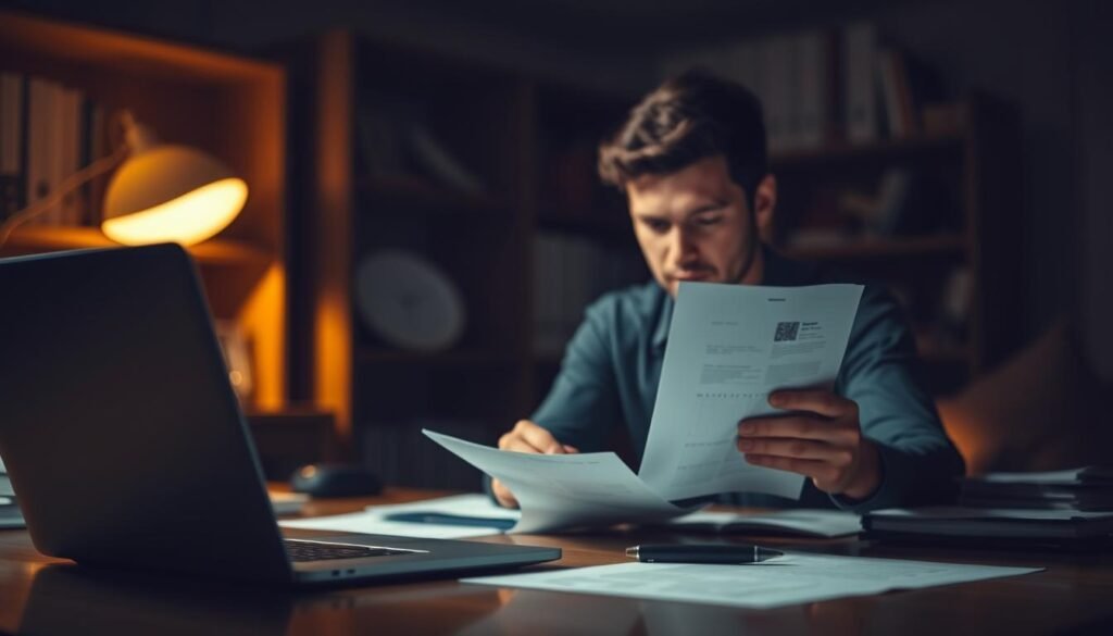 A dimly lit office setting, with a desk in the foreground featuring a laptop, pen, and papers. In the middle ground, a person sitting at the desk intently examining a document, their expression focused and thoughtful. The background is blurred, hinting at shelves of books and other office decor, creating a contemplative atmosphere. Warm, directional lighting casts subtle shadows, emphasizing the act of careful information verification. The scene conveys a sense of diligence, attention to detail, and the importance of fact-checking in the digital age.