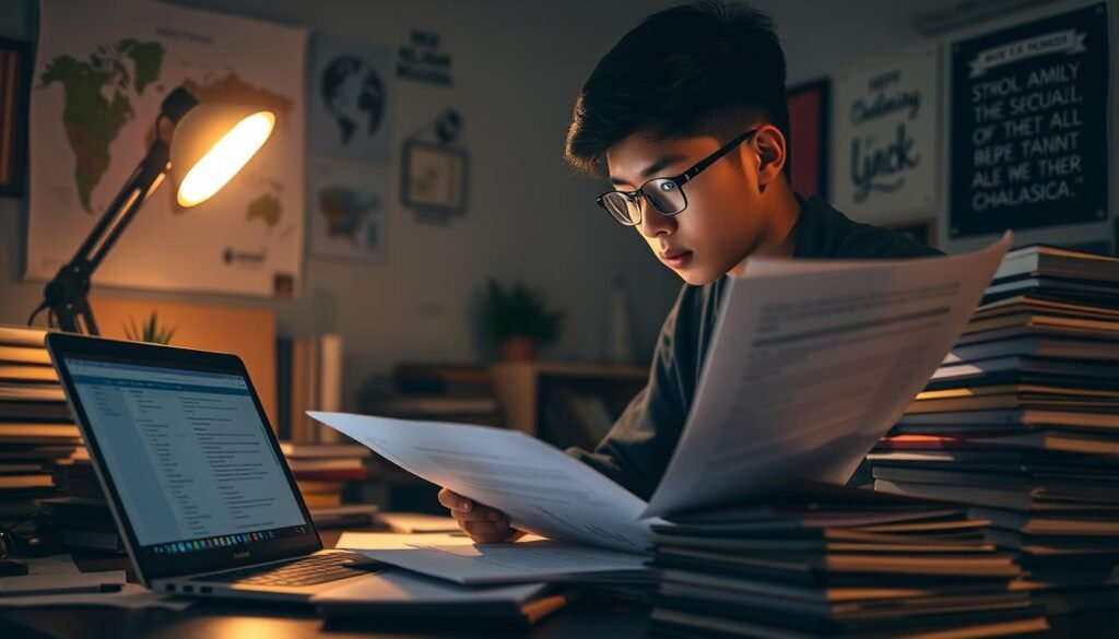A dimly lit office space, a young student intently poring over scholarship application forms, surrounded by stacks of reference materials and a laptop displaying a detailed checklist. Soft task lighting casts a warm glow, conveying a sense of focused dedication. In the background, a world map and inspirational quotes adorn the walls, hinting at the student's global aspirations. The scene exudes an atmosphere of determination and strategic planning, perfectly encapsulating the "Strategi Melamar Beasiswa" section of the article.