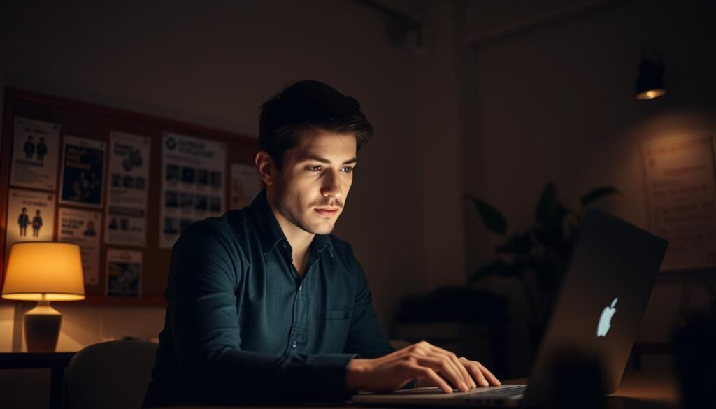 A dimly lit office space, the focus resting on a young professional intently studying a laptop screen. Elegant task-lighting casts a warm glow, drawing the eye to their concentrated expression. In the background, a corkboard displays various job postings and internship opportunities, hinting at the process of finding the "right" internship program. Subtle earth tones and clean lines convey a sense of professionalism and organization, complementing the thoughtful, measured pose of the subject. The overall scene suggests a carefully considered approach to internship selection, with attention to detail and a keen eye for opportunity.