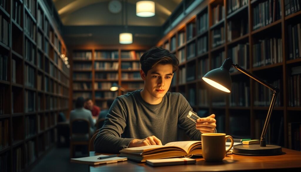A dimly lit university library interior, with wooden bookshelves lining the walls and a cozy reading nook in the foreground. A student sits at a desk, intently studying from an open textbook, surrounded by highlighters, notebooks, and a steaming cup of coffee. Soft, warm lighting from a desk lamp illuminates the scene, creating a focused and productive atmosphere. In the background, other students are engaged in quiet study, creating a sense of shared academic purpose. The image conveys the idea of "effective study techniques" through the thoughtful, dedicated pose of the student and the carefully curated study environment.