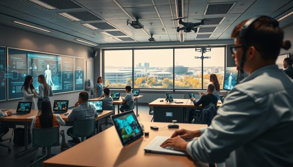A futuristic classroom filled with advanced technology, where students and teachers collaborate seamlessly. In the foreground, holographic displays and interactive whiteboards showcase AI-powered lesson plans and personalized learning experiences. In the middle ground, students immersed in virtual reality simulations, exploring new concepts through engaging, immersive environments. The background reveals a panoramic view of a smart campus, with autonomous robots and drones assisting in maintenance and logistics. Warm, natural lighting filters in, creating a sense of wonder and innovation. Capturing the harmony between human and artificial intelligence, shaping the future of education.