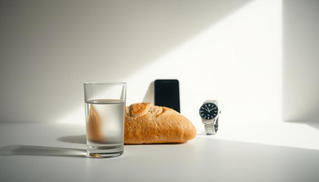 A minimalist still life showcasing the contrast between a necessity and a luxury. In the foreground, a simple glass of water and a loaf of bread, representing basic sustenance. In the middle ground, a sleek smartphone and a designer watch, signifying desires beyond essential needs. The background is a plain, muted setting, allowing the objects to take center stage. Soft, natural lighting illuminates the scene, creating a sense of clarity and introspection. The composition emphasizes the juxtaposition between fundamental requirements and discretionary wants, encouraging the viewer to consider the distinction between the two.