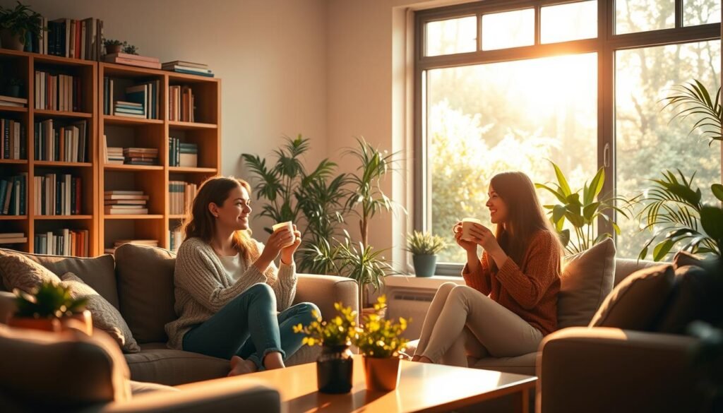 A peaceful living room scene bathed in warm, natural lighting. In the foreground, two friends sip herbal tea and engage in a heartfelt conversation, their body language conveying a sense of comfort and emotional support. Bookshelves and potted plants line the middle ground, creating a cozy, restorative atmosphere. Beyond, a large window offers a view of a tranquil garden, the soft light and lush greenery instilling a feeling of relaxation. The overall mood is one of togetherness, mindfulness, and respite from the demands of academic life.