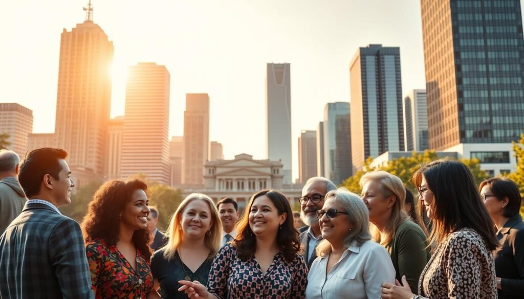 A prestigious university campus set against a backdrop of towering skyscrapers, symbolizing its national and global impact. In the foreground, a diverse group of successful alumni - executives, innovators, and community leaders - engaged in dynamic discussions, their accomplishments radiating an aura of prestige and influence. The scene is illuminated by warm, golden lighting, evoking a sense of pride and achievement. The composition emphasizes the symbiotic relationship between the institution and its distinguished graduates, their success story shaping the university's renowned reputation.