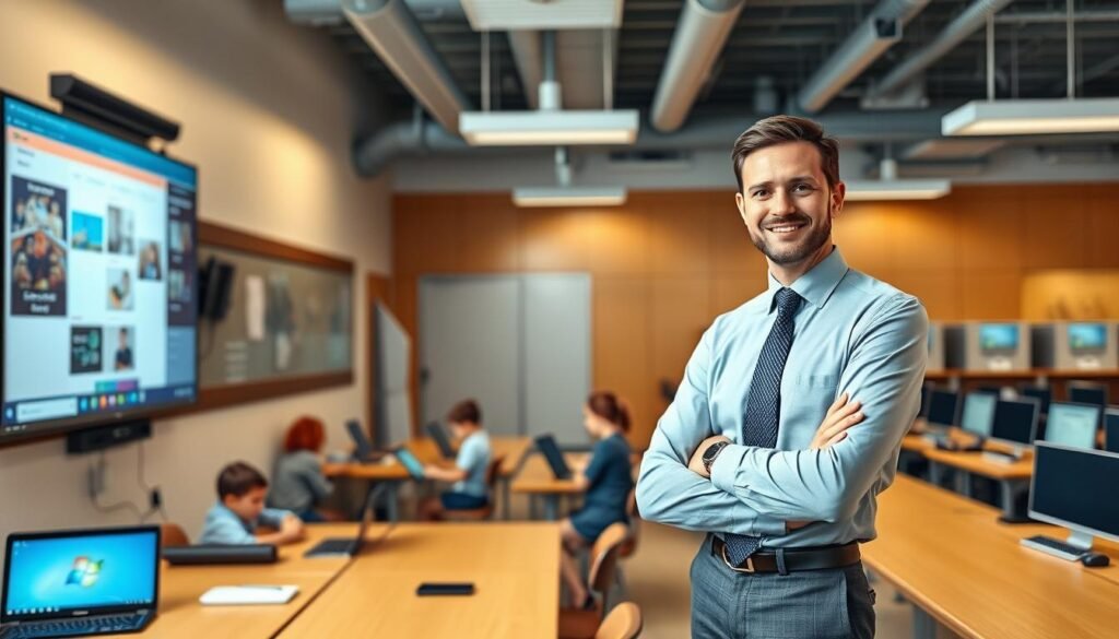 A professional educational technology consultant stands confidently in a modern, well-equipped classroom. The foreground showcases the consultant, dressed in business attire, gesturing towards a large interactive whiteboard displaying educational content. The middle ground features students actively engaged with tablets and laptops, collaborating on digital learning activities. The background depicts a panoramic view of the school's state-of-the-art technology infrastructure, including rows of networked computers, charging stations, and various educational technology tools. Warm, natural lighting illuminates the scene, conveying a sense of productivity, innovation, and the seamless integration of technology in the educational setting.