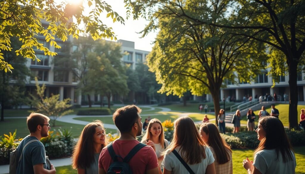 A serene campus setting, with modern university buildings nestled among verdant trees and lush greenery. Sunlight filters through the leaves, casting a warm, mellow glow over the scene. In the foreground, a group of diverse students engrossed in lively discussions, their expressions animated as they explore new ideas and collaborate freely. In the middle ground, a professor guides a small seminar, encouraging an open exchange of perspectives. The background showcases a vibrant, interconnected community, where students and faculty engage in interdisciplinary projects and extracurricular activities, embodying the spirit of academic freedom and self-directed learning.