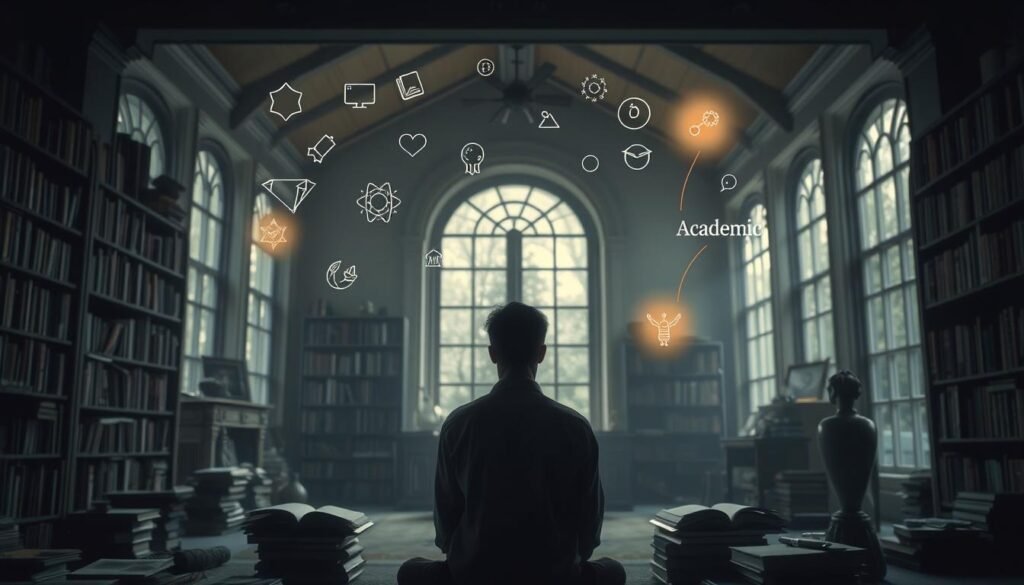 A serene, dimly-lit study filled with books and academic artifacts. In the foreground, an introspective figure sits contemplating their personality traits and innate abilities, represented by floating abstract shapes and symbols. The middle ground showcases various academic pathways, each path illuminated with a distinct aura. The background features a vaulted ceiling and expansive windows, allowing natural light to filter in and creating an atmosphere of thoughtful introspection. Soft, muted tones and dramatic chiaroscuro lighting evoke a sense of focus and self-discovery. The overall scene conveys the process of aligning one's passions, personality, and capabilities when choosing an academic pursuit.