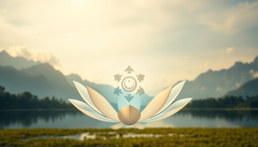 A serene, ethereal landscape depicting the core principles of Pancasila, Indonesia's national ideology. In the foreground, a stylized lotus flower, its petals unfurling to reveal the five symbols representing the tenets of Pancasila: belief in one God, just and civilized humanity, the unity of Indonesia, democracy guided by the inner wisdom of deliberations among representatives, and social justice for all the people of Indonesia. The middle ground features a tranquil lake, its surface reflecting the lotus and the sky above, creating a sense of balance and harmony. In the background, majestic mountains rise, their peaks shrouded in mist, symbolizing the enduring strength and resilience of the nation. The scene is bathed in warm, golden light, conveying a mood of serenity, wisdom, and national pride.