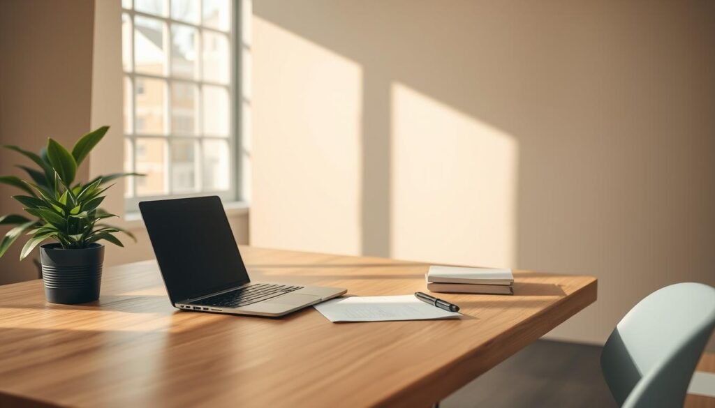 A serene, minimalist office setting with a sleek, wooden desk, a modern laptop, and a potted plant. Soft, natural lighting from a large window casts a warm glow, creating a tranquil atmosphere. On the desk, a neat stack of papers and a pen, symbolizing efficient time management. The background features muted, earthy tones, providing a calming and focused environment for the subject. The overall composition conveys a sense of balance, productivity, and mindfulness.