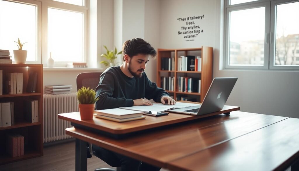 A serene, minimalist study space with a student seated at a wooden desk, deep in concentration. Soft, natural lighting filters through large windows, casting a warm glow. On the desk, neatly organized stationery, a laptop, and a potted plant create a calming, focused atmosphere. In the background, a bookshelf filled with academic texts and a motivational quote on the wall provide a sense of intellectual pursuit. The student's expression is one of determination, managing their academic stress through mindful organization and a soothing environment.