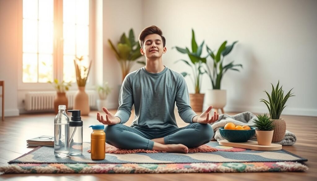 A serene scene of a person engaging in mindful self-care practices. In the foreground, a young adult sits cross-legged on a plush, colorful yoga mat, eyes closed in meditation, their expression peaceful and focused. Surrounding them, an array of wellness items - a reusable water bottle, a bowl of fresh fruit, a potted plant, and a cozy throw blanket. The middle ground features a tranquil indoor setting, with warm natural lighting filtering through large windows, casting a gentle glow. In the background, a minimalist, plant-filled space evokes a sense of calm and balance. The overall mood is one of harmony, reflecting the importance of nurturing both physical and mental well-being.