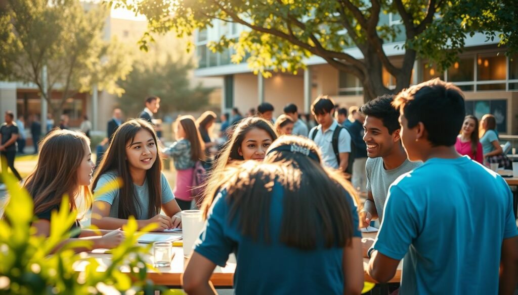 A serene, sun-dappled campus scene, with students engaged in vibrant discussions and collaborative projects. In the foreground, a group of young learners gathered around a table, their expressions animated as they share ideas. In the middle ground, others can be seen attending workshops or participating in hands-on activities, honing their skills and exploring their passions. The background features modern, well-equipped learning spaces, conveying a sense of openness, creativity, and intellectual stimulation. The lighting is warm and natural, casting a soft glow over the entire scene, evoking a atmosphere of intellectual freedom and personal growth. The overall impression is one of a dynamic, enriching educational environment that empowers students to take charge of their own learning journeys.