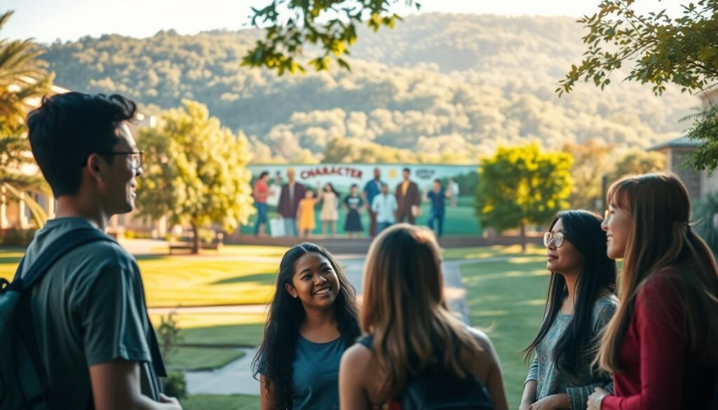 A serene university campus, bathed in warm afternoon sunlight. In the foreground, a group of students engaged in thoughtful discussion, their faces radiating a sense of intellectual curiosity and personal growth. In the middle ground, a striking mural depicting iconic figures and symbols of character education, conveying its profound impact on the student experience. The background showcases a lush, verdant landscape, symbolizing the nurturing environment that fosters the holistic development of the students. The scene is captured with a shallow depth of field, drawing the viewer's attention to the central focus - the students and the transformative power of character education within the campus setting.