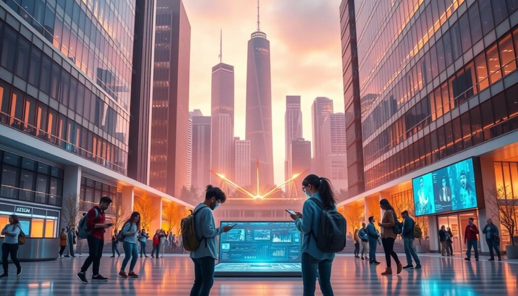 A sleek, futuristic university campus, with modern architecture and a vibrant atmosphere. In the foreground, a group of students engrossed in their digital devices, collaborating on a project. The middle ground features a centralized technology hub, with holographic displays, touchscreen interfaces, and data visualization screens. In the background, a striking backdrop of towering skyscrapers, reflecting the city's technological prowess. Warm, diffused lighting casts a glow over the scene, conveying a sense of innovation and progress. The overall composition suggests the seamless integration of technology into the academic experience, shaping the dynamics of student activism and engagement.