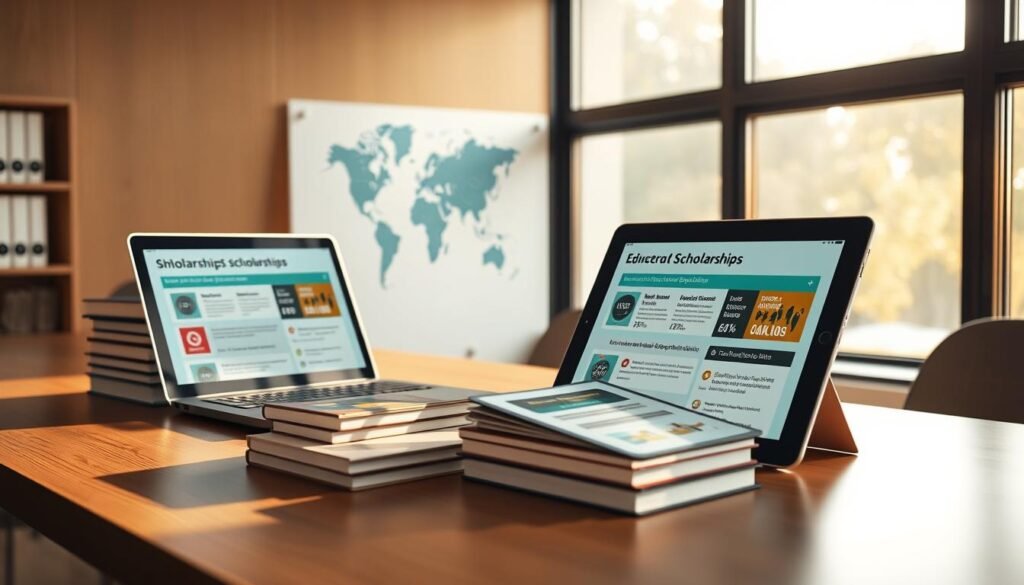 A sleek, minimalist office desktop with a laptop, stack of books, and tablet device, all showcasing information about scholarships and educational opportunities. The scene is bathed in warm, natural lighting from a large window, creating a focused, productive atmosphere. In the background, a stylized world map hints at the global reach of the scholarship information. The overall impression is one of efficiency, organization, and a wealth of educational possibilities at the user's fingertips.