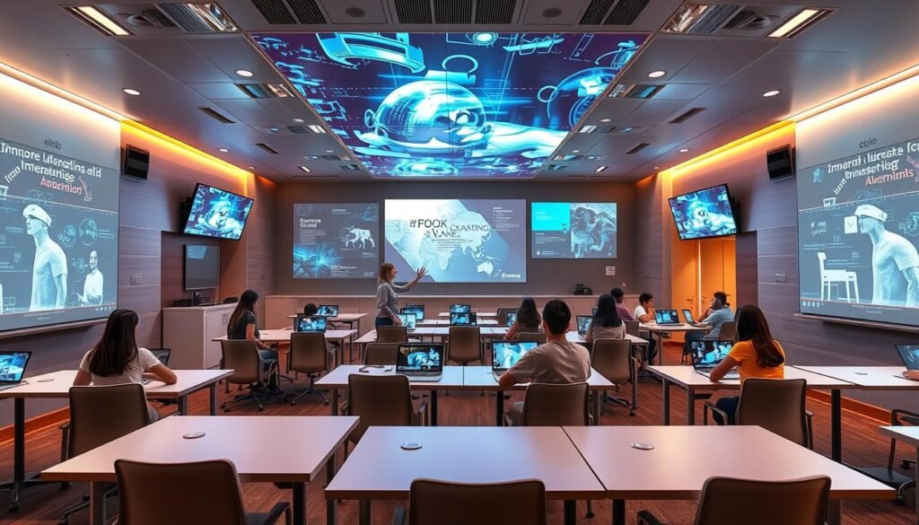A sleek, modern classroom with digital screens, holographic projections, and immersive virtual reality displays. Students engage with interactive learning modules, collaborating on innovative projects displayed across interconnected touchscreens. The room is bathed in warm, ambient lighting that creates a focused, yet welcoming atmosphere. Elegant desks and chairs are arranged in a dynamic, flexible layout, encouraging seamless transitions between individual work and group discussions. The overall scene conveys a vision of education seamlessly blending cutting-edge technology with engaging, student-centered pedagogy.