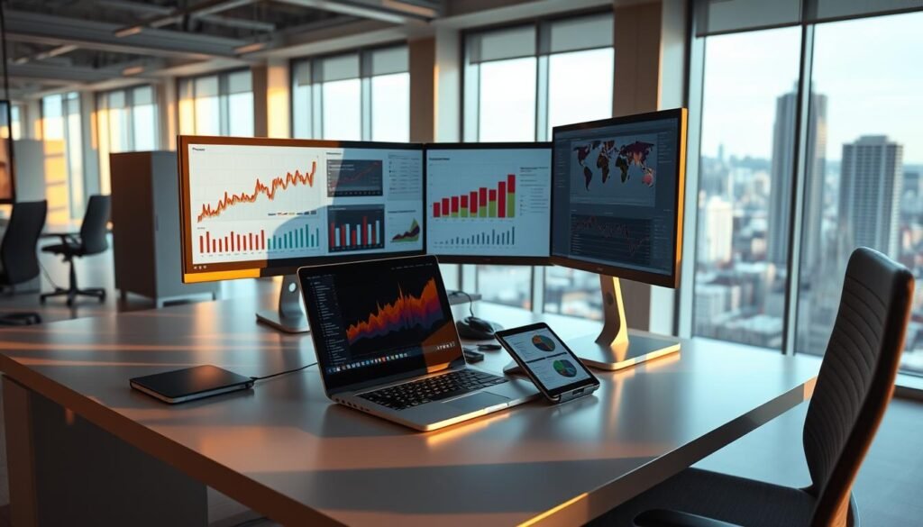 A sleek, modern data analysis workstation with a laptop, digital tablet, and an array of colorful charts and graphs displayed on multiple high-resolution monitors. The scene is bathed in warm, directional lighting, casting dramatic shadows and highlights that accentuate the clean, minimalist aesthetic. The workstation is situated in a spacious, airy office environment with large windows overlooking a bustling cityscape in the background. The overall mood is one of focused productivity and intellectual engagement, conveying the rigorous process of compiling and interpreting research data for a graduate thesis.