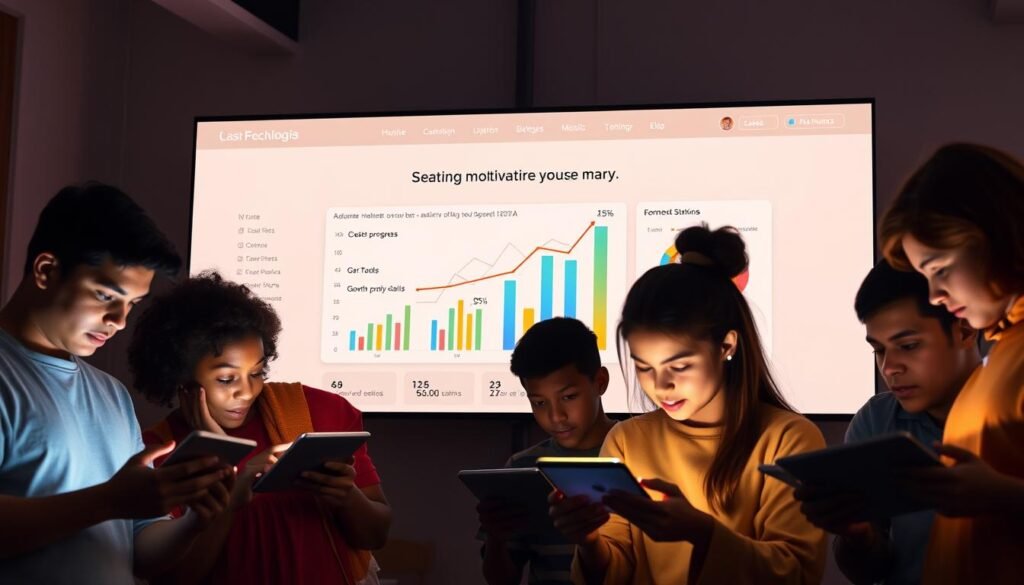 A sleek, modern digital platform showcasing educational resources and motivational content. In the foreground, a group of diverse students intently engaged with interactive learning tools on their devices, their faces illuminated by the soft glow of the screen. In the middle ground, a dynamic visualization of academic progress and growth metrics, represented by colorful charts and graphs. The background features a stylized, minimalist layout with clean lines and a soothing, muted color palette, creating a sense of focus and productivity. Subtle lighting from above casts a warm, inviting atmosphere, encouraging a sense of exploration and inspiration. The overall scene conveys the seamless integration of technology and education, empowering students to achieve their academic goals.