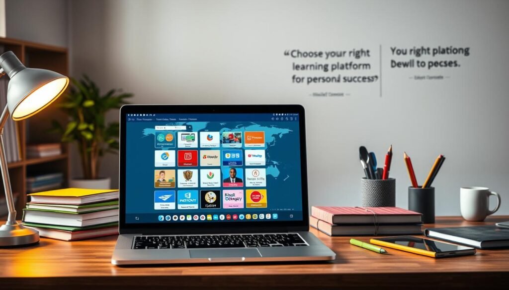 A sleek, modern office desktop scene with various learning resources and tools. In the foreground, an open laptop displays a selection of online learning platforms. On the desk, colorful textbooks, stationery, and a tablet are neatly arranged, hinting at the versatility of learning materials. The middle ground features a stylized world map, symbolizing the global reach and accessibility of these educational resources. Subtle ambient lighting from a nearby window casts a warm, inviting glow, creating a productive and contemplative atmosphere. The background showcases a minimalist wall display with motivational quotes, reinforcing the importance of choosing the right learning platform for personal growth and academic success.