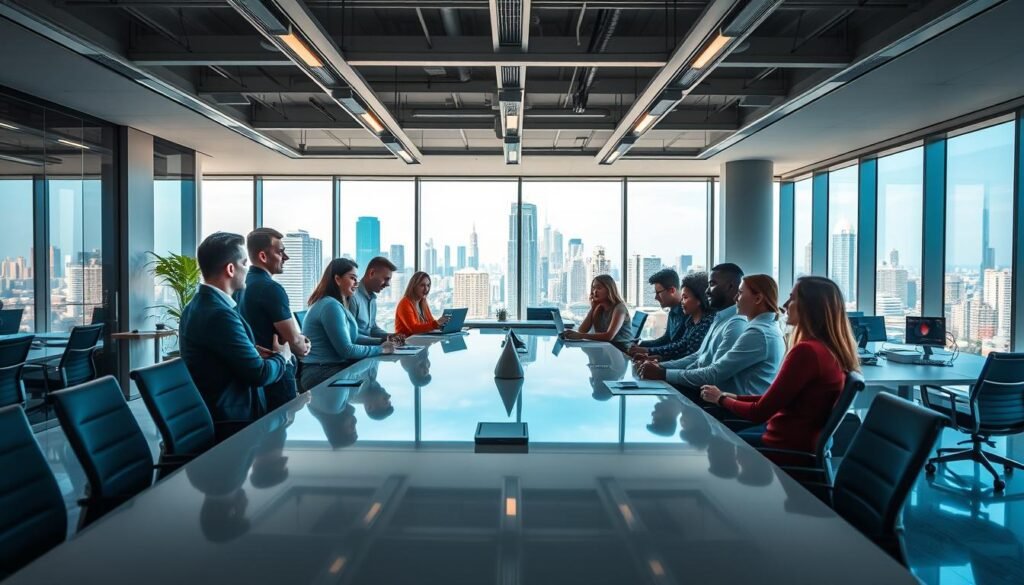 A sleek, modern office interior with a vibrant and collaborative corporate culture. In the foreground, a group of diverse employees engaged in a lively discussion around a long, polished conference table, their body language and facial expressions conveying a sense of camaraderie and shared purpose. The middle ground features an open workspace with stylish desks, ergonomic chairs, and minimalist decor, creating an atmosphere of efficiency and professionalism. In the background, floor-to-ceiling windows offer a panoramic view of a bustling cityscape, symbolizing the company's connection to the wider world. The lighting is soft and warm, enhancing the sense of a nurturing, people-centric work environment. Overall, the image should convey a strong, positive corporate culture that values collaboration, innovation, and employee well-being.