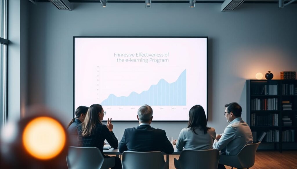 A sleek, modern office setting with a large display screen on the wall. In the foreground, a group of professionals sitting around a conference table, engaged in a lively discussion. Subtle lighting casts a warm glow, conveying a sense of collaborative analysis. The middle ground features a stylized graph or chart, visualizing the data and metrics related to the effectiveness of the e-learning program. In the background, a bookshelf and minimalist decor suggest an environment conducive to thoughtful evaluation. The overall mood is one of focused deliberation, with a touch of innovation and progress.