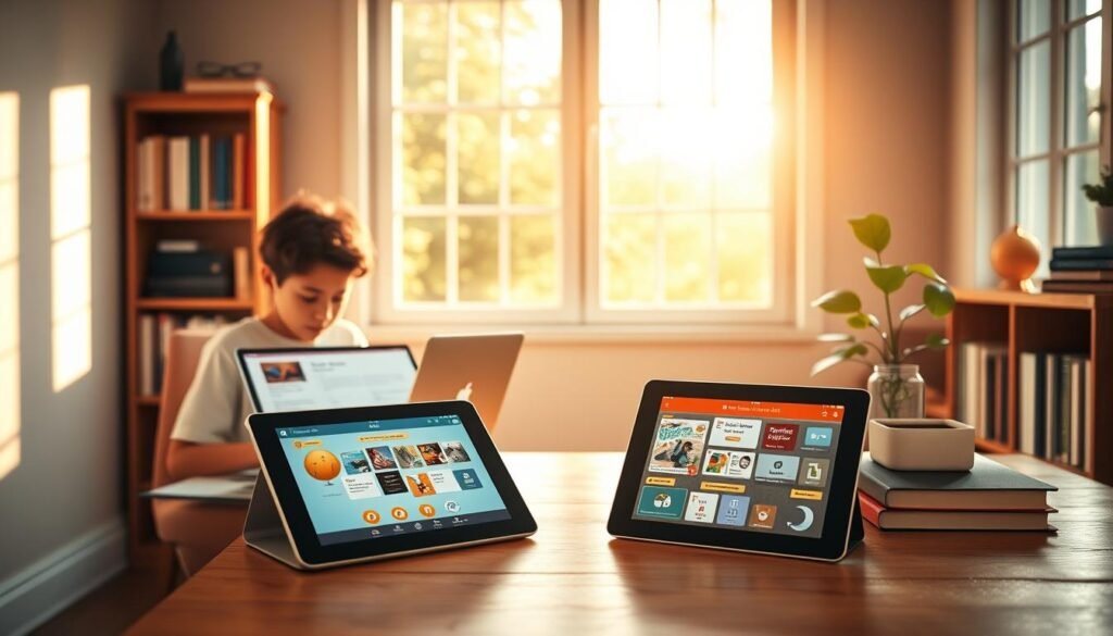 A tranquil study nook, bathed in warm, natural light filtering through large windows. In the foreground, a student sits comfortably at a minimalist wooden desk, laptop open and digital learning materials displayed. The middle ground showcases various educational applications on a tablet, their intuitive interfaces and engaging visuals hinting at the versatility of online learning tools. In the background, a bookshelf laden with reference materials and a plant adding a touch of vitality to the serene, focused atmosphere. The scene conveys the benefits of leveraging technology to enhance the learning experience - increased accessibility, personalized pacing, and a nurturing, distraction-free environment.