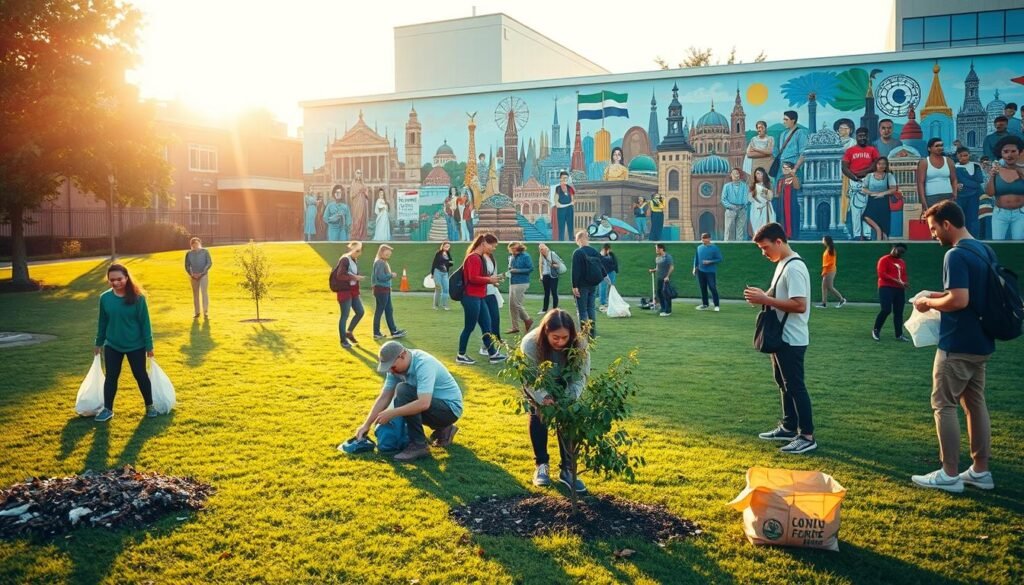 A university campus lawn with students engaged in various community service activities. In the foreground, a group of students are cleaning up litter and planting trees, conveying a sense of environmental responsibility. In the middle ground, another group is organizing a food drive, demonstrating social awareness and care for the less fortunate. In the background, a mural depicting iconic landmarks and diverse cultures, symbolizing the inclusive and global nature of the campus community. The scene is bathed in warm, golden afternoon sunlight, creating a hopeful and uplifting atmosphere. The overall impression is one of young adults embracing their social responsibility and actively shaping a better world.