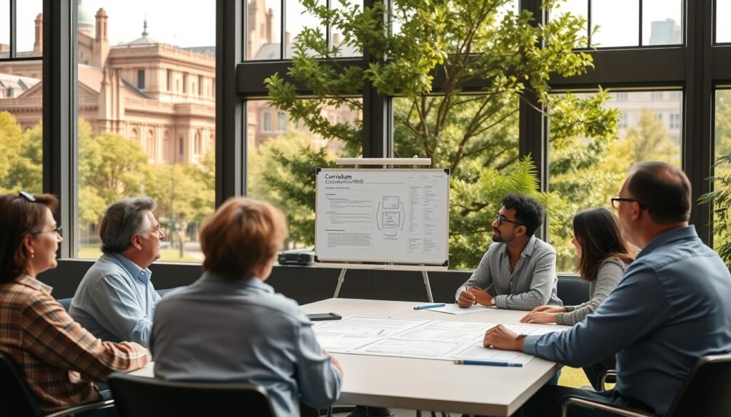 A university campus setting with a group of alumni engaged in a curriculum development meeting. In the foreground, several graduates sit around a conference table, deeply immersed in discussion and sharing ideas. Mid-ground features a whiteboard or projection screen displaying curriculum diagrams and charts. The background showcases the campus architecture, with iconic buildings and lush greenery visible through large windows. Warm, natural lighting filters in, creating a collaborative and intellectual atmosphere. The scene conveys a sense of alumni's active involvement in shaping the curriculum, contributing their expertise and insights to enhance the institution's reputation.