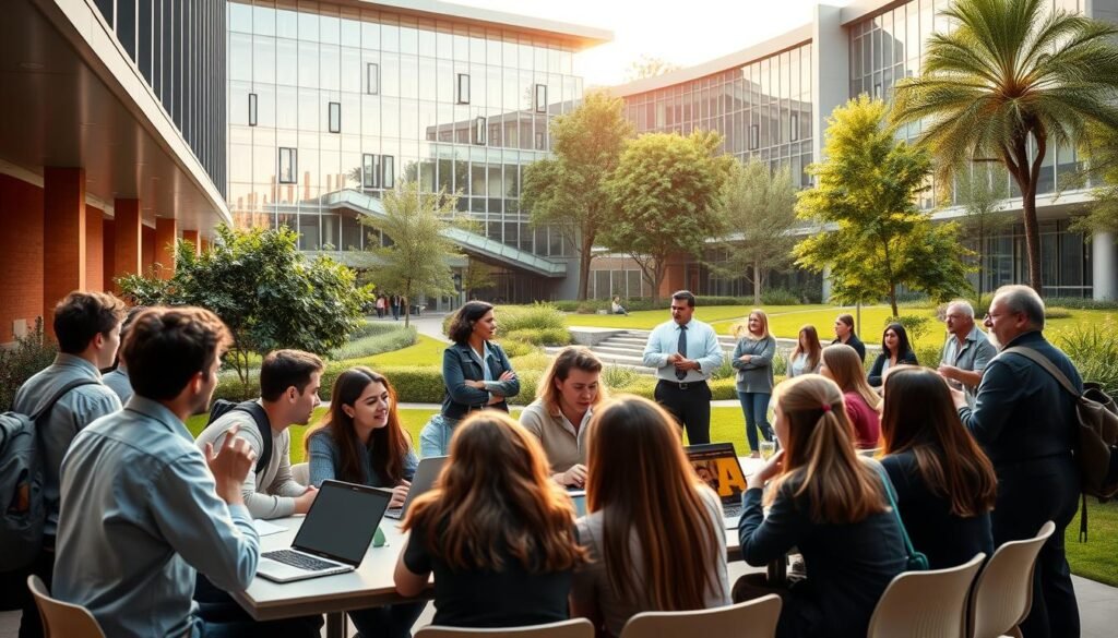 A university campus setting with students, faculty, and staff actively engaged in discussions and workshops about social media usage. The foreground features a group of students huddled around a table, laptops open, gesticulating animatedly. In the middle ground, professors lead interactive seminars, guiding participants through best practices and potential risks. The background showcases the university's modern architecture, with sleek, glass-paneled buildings and lush, verdant landscaping. Warm, natural lighting filters through the scene, creating a sense of openness and collaboration. The overall atmosphere conveys the university's proactive approach to managing the impact of social media on academic performance.