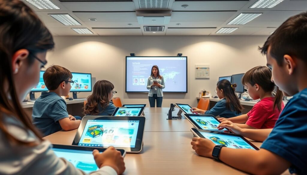 A vibrant and dynamic digital classroom scene. In the foreground, students engage with interactive educational apps on sleek, modern touchscreen devices. The middle ground features a teacher guiding the class, using a large digital whiteboard to illustrate key concepts. The background showcases a well-equipped, technology-rich learning environment, with rows of networked computers and multimedia equipment. Soft, diffused lighting creates a warm, inviting atmosphere, while the clean, minimalist design reflects the efficiency and versatility of the educational technology on display.