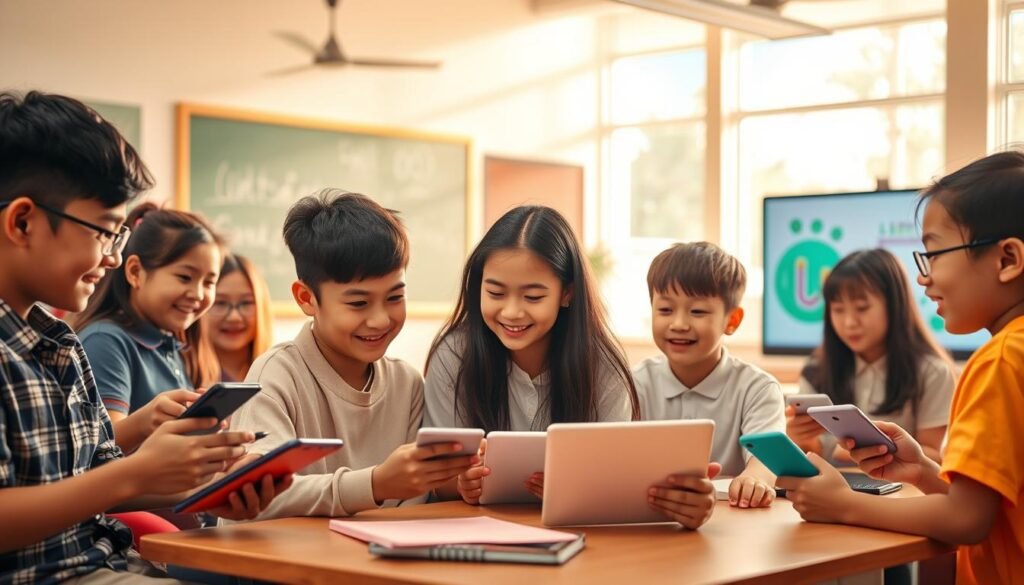 A vibrant and dynamic scene of "Blended Learning and Merdeka Curriculum". In the foreground, a group of diverse students collaborating on digital devices, their expressions engaged and enthusiastic. The middle ground features a fusion of traditional and modern teaching methods - a chalkboard alongside a large interactive display screen. In the background, an open, airy classroom with large windows, allowing natural light to flood the space. The overall atmosphere is one of innovation, creativity, and a sense of liberation, reflecting the concept of the "Merdeka Curriculum". Warm, soft lighting casts a gentle glow, creating a welcoming and inspiring learning environment.