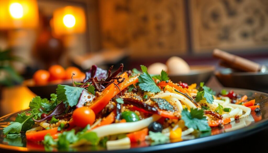 A vibrant, appetizing dish of "fusion Madura" - a harmonious blend of traditional Madurese ingredients and modern culinary techniques. In the foreground, a platter showcases a visually striking arrangement of colorful vegetables, fragrant spices, and aromatic herbs, expertly combined to create a delightful vegetarian meal. The middle ground features a warm, inviting ambiance, with soft, diffused lighting casting a gentle glow over the scene. In the background, subtle textures and patterns evoke the rich cultural heritage of Madura, offering a sense of authenticity and craftsmanship. The overall composition exudes a mouthwatering allure, inviting the viewer to savor the fusion of flavors and appreciate the thoughtful fusion of Madurese culinary traditions with modern, health-conscious dining.